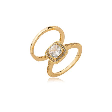 Dupla de aneis cravejado de zirconia cristal banho em ouro 18k