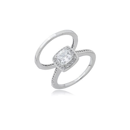 Dupla de aneis cravejado de zirconia cristal banho em rodio branco