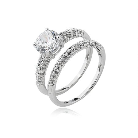 Dupla de aneis cravejado de zirconia cristal banho em rodio branco