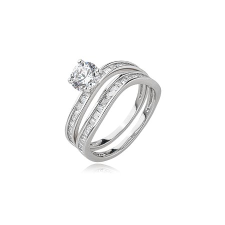 Dupla de aneis cravejado de zirconia cristal banho em rodio branco