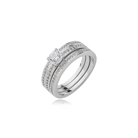 Trio de aneis cravejado de zirconia cristal banho em rodio branco