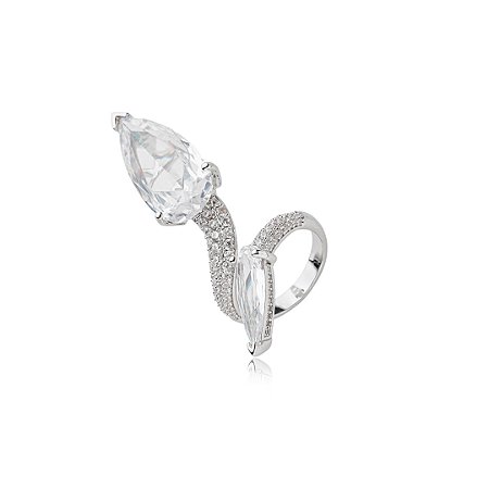 Anel cravejado de zirconia cristal banho em rodio branco