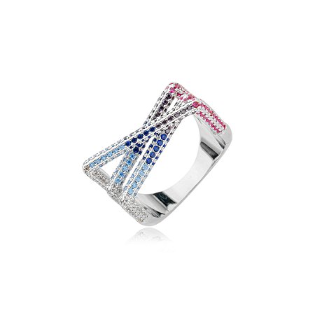 Anel cravejado de zirconia rainbow banho em rodio branco