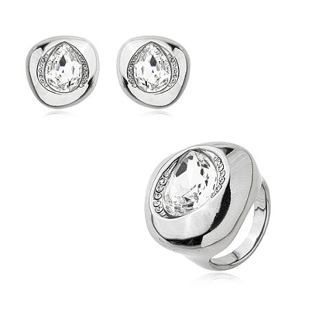 Conjunto de brinco e anel cravejado de zirconia cristal banho em rodio branco