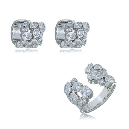 Conjunto de brinco e anel cravejado de zirconia cristal banho em rodio branco
