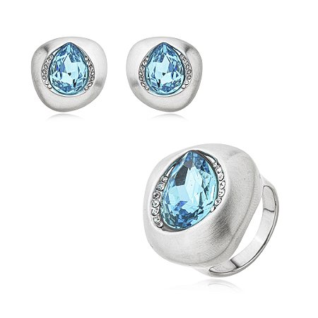 Conjunto de brinco e anel acetinado cravejado de zirconia turmalina banho em rodio branco