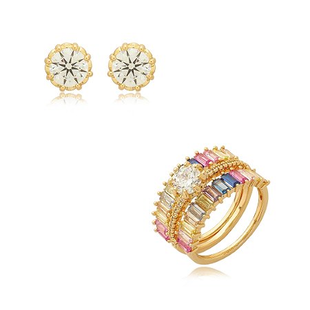 Conjunto de brinco e anel cravejado de zirconia rainbow banho em ouro 18k