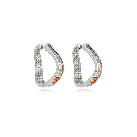 Brinco de argola cravejado de zirconia rainbow banho em rodio branco