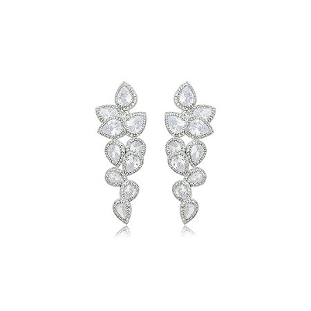 Brinco  cravejado de zirconia cristal banho em rodio branco