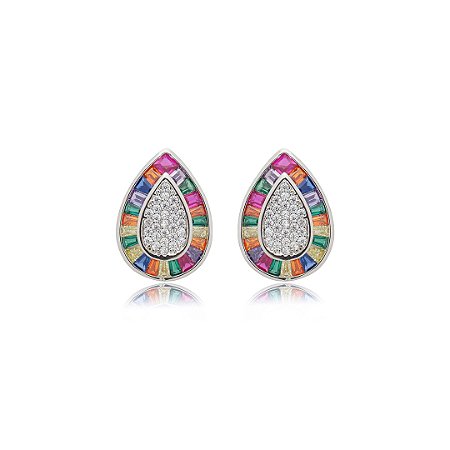 Brinco cravejado de zirconia rainbow banho em rodio branco