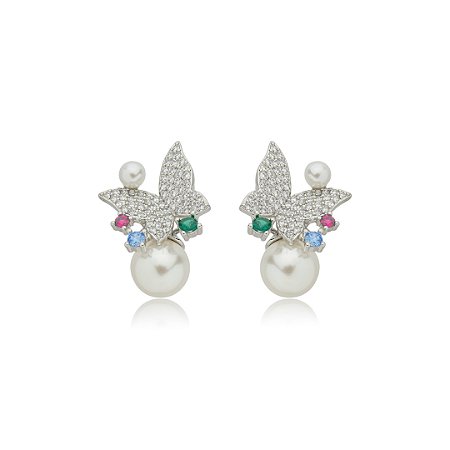 Brinco de perola cravejado de zirconia banho em rodio branco