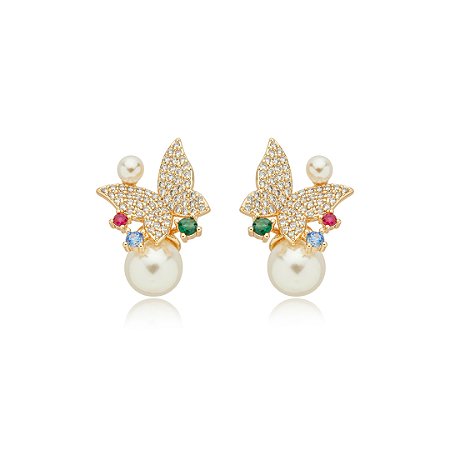 Brinco de perola cravejado de zirconia banho em ouro 18k