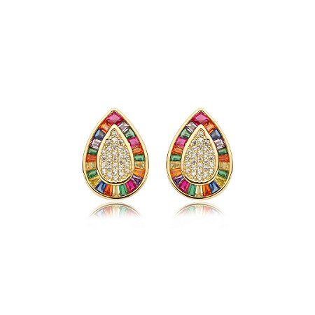 Brinco cravejado de zirconia rainbow banho em ouro 18k
