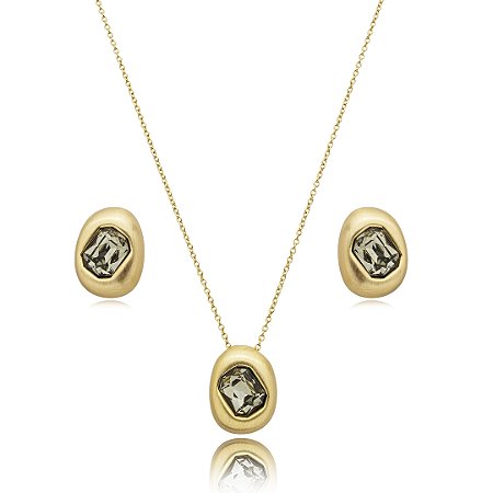 Conjunto de brinco e colar acetinado cravejado de zirconia fume banho em ouro 18k