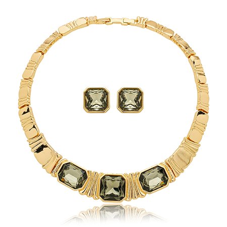 Conjunto de brinco e colar acetinado cravejado de zirconia fume banho em ouro 18k