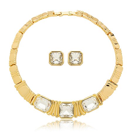 Conjunto de brinco e colar cravejado de zirconia cristal banho em ouro 18k