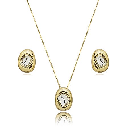 Conjunto de brinco e colar cravejado de zirconia cristal banho em ouro 18k