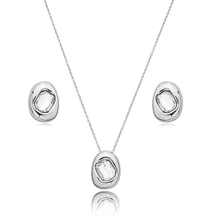 Conjunto de brinco e colar cravejado de zirconia cristal banho em rodio branco