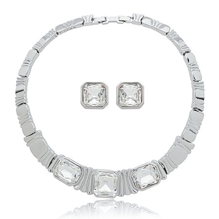 Conjunto de brinco e colar cravejado de zirconia cristal banho em rodio branco