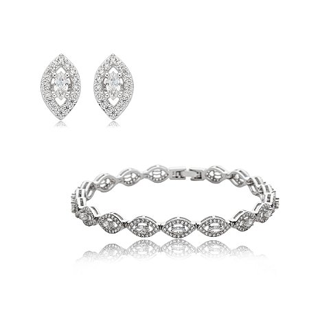 Conjunto de brinco e pulseira cravejado de zirconia cristal banho em rodio branco