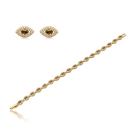 Conjunto de brinco e pulseira cravejado de zirconia granada banho em ouro 18k