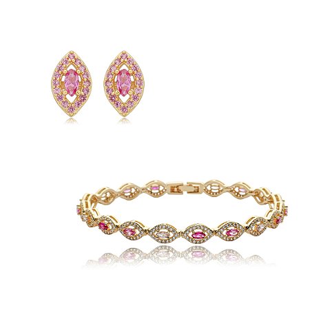 Conjunto de brinco e pulseira cravejado de zirconia pink banho em ouro 18k