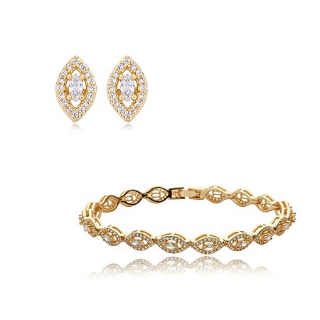 Conjunto de brinco e pulseira cravejado de zirconia cristal banho em ouro 18k