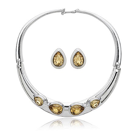 Conjunto de brinco e colar cravejado de zirconia citrino banho em rodio branco