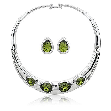 Conjunto de brinco e colar cravejado de zirconia esmeralda banho em rodio branco