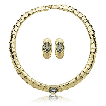 Conjunto de brinco e colar cravejado de zirconia fume banho em ouro 18k