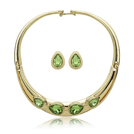 Conjunto de brinco e colar cravejado de zirconia esmeralda banho em ouro 18k