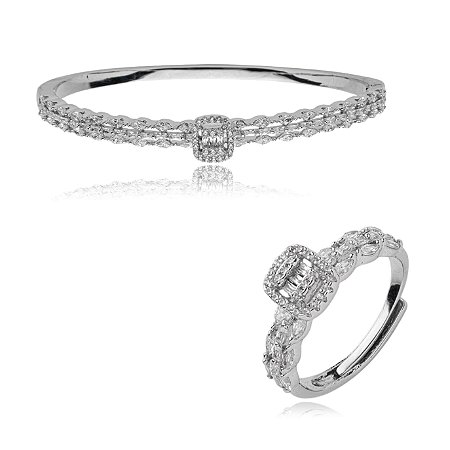 Conjunto de anel e pulseira cravejado de zirconia cristal banho em rodio branco