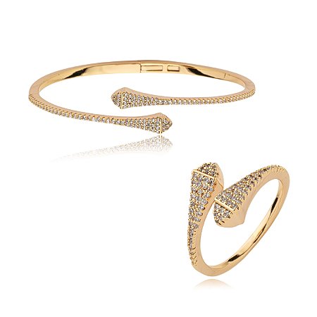 Conjunto de anel e pulseira cravejado de zirconia cristal banho em ouro 18k