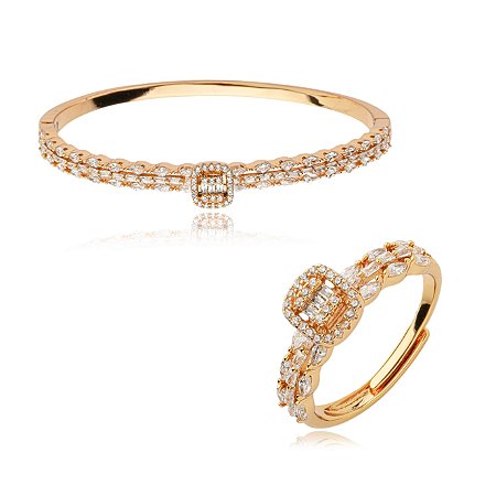 Conjunto de anel e pulseira cravejado de zirconia cristal banho em ouro 18k