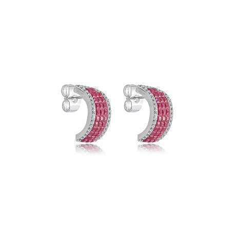 Brinco de base cravejado de zirconia pink banho em rodio branco