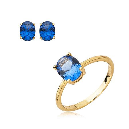 Conjunto de brinco e anel cravejado de zirconia safira banho em ouro 18k
