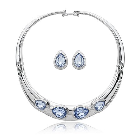 Conjunto de brinco e colar cravejado de zirconia topazio banho em rodio branco