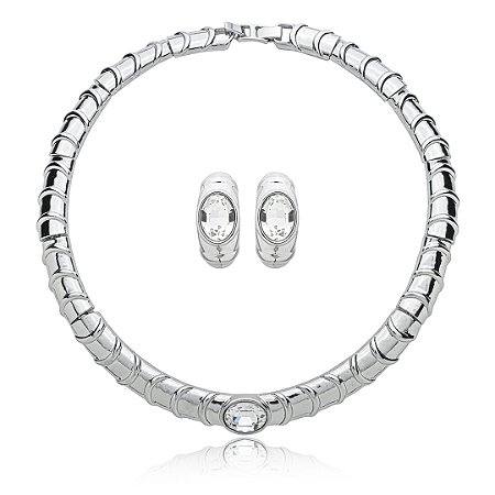 Conjunto de brinco e colar cravejado de zirconia cristal banho em rodio branco