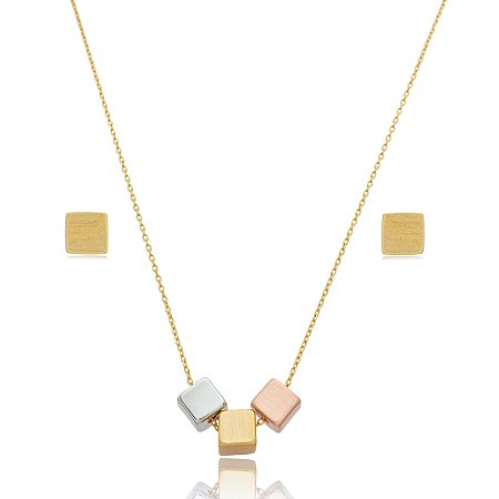 Conjunto de brinco e colar liso acetinado banho triplo