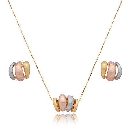 Conjunto de brinco e colar liso acetinado banho triplo