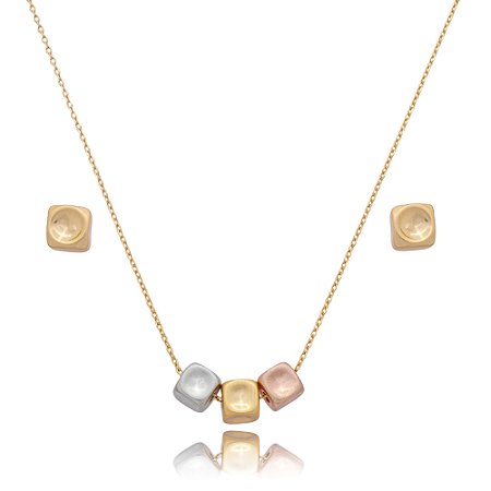 Conjunto de brinco e colar liso acetinado banho triplo