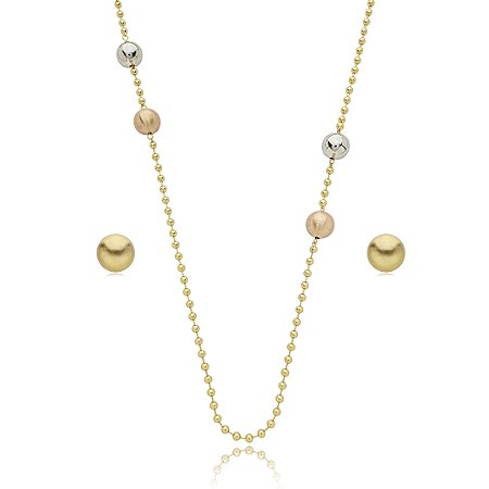 Conjunto de brinco e colar liso acetinado banho triplo