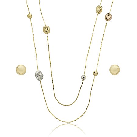 Conjunto de brinco e colar liso banho triplo