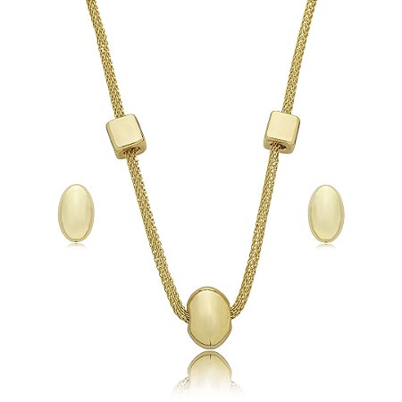 Conjunto de brinco e colar liso banho em ouro 18k
