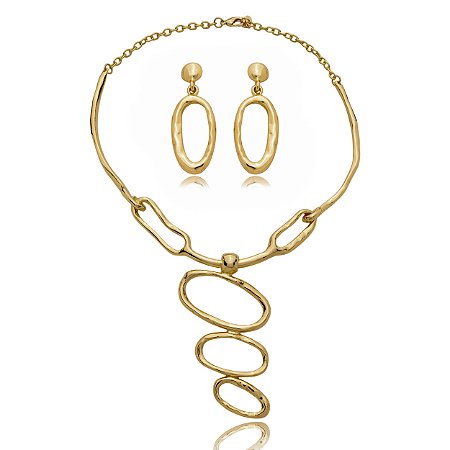 Conjunto de brinco e colar liso banho em ouro 18k