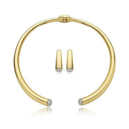 Conjunto de brinco e colar liso acetinado banho em ouro 18k