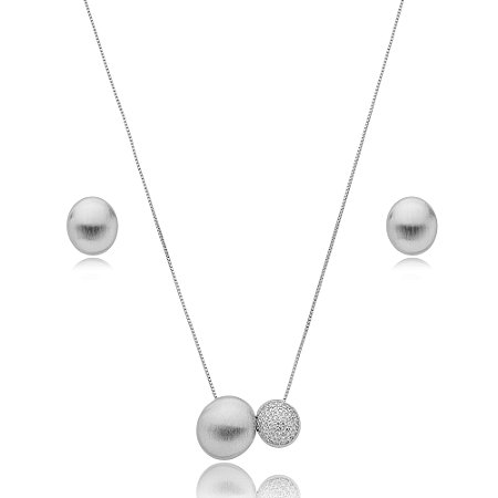 Conjunto de brinco e colar liso acetinado banho em rodio branco