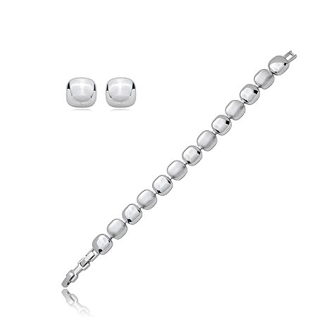 Conjunto de brinco e pulseira acetinado liso banho em rodio branco