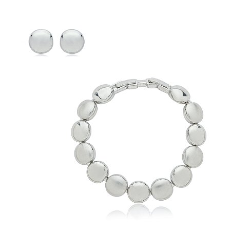 Conjunto de brinco e pulseira acetinado liso banho em rodio branco