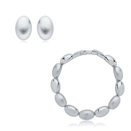 Conjunto de brinco e pulseira acetinado liso banho em rodio branco